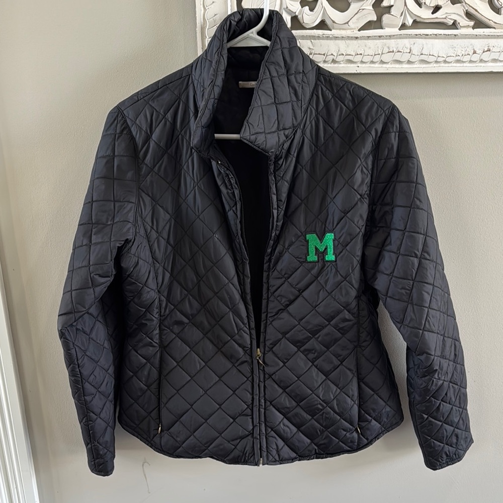 Green and Black Puffer Jacket with High Collar